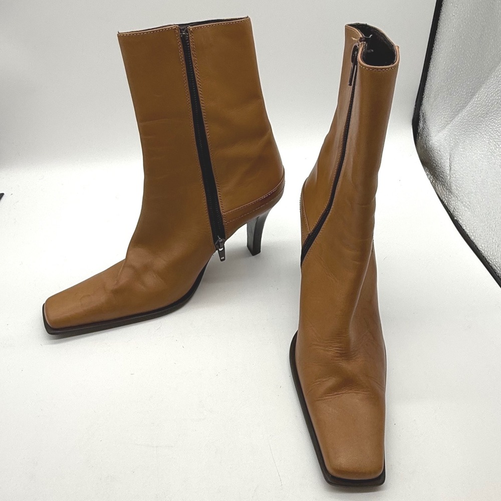 VTG 90s Vera Gomma Tan Leather Sq Toe Ankle Boots Italy 37.5 7.5 quiet luxury